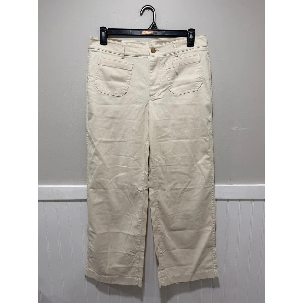 L.L. Bean Comfort Stretch Pant Wide Leg Mid Rise Cream Preppy Women Sz 14 Petite